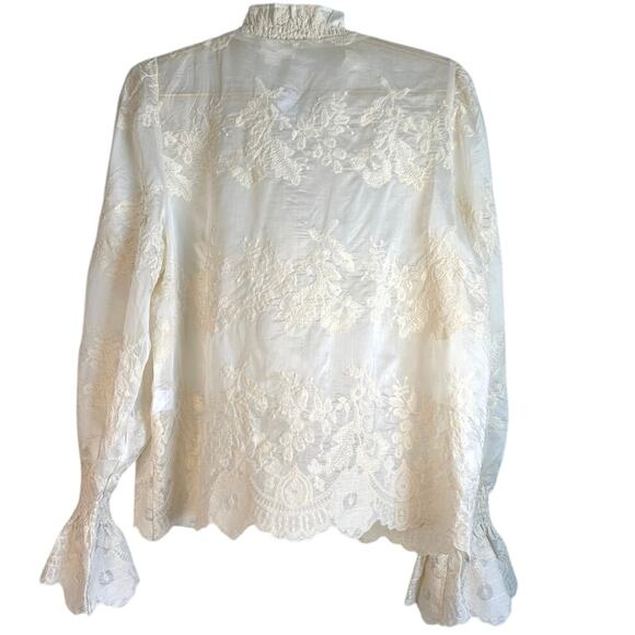 Taelynn Sheer Ivory Long Sleeve Button Down Blouse V Neck Ruffle Collar Sz Med - Picture 2 of 11